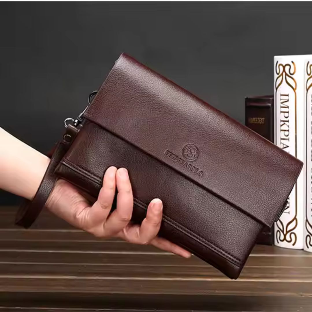 Leder Herren Portemonnaie mit Handgelenkriemen – Multifunktionale Clutch mit Reißverschlussfächern