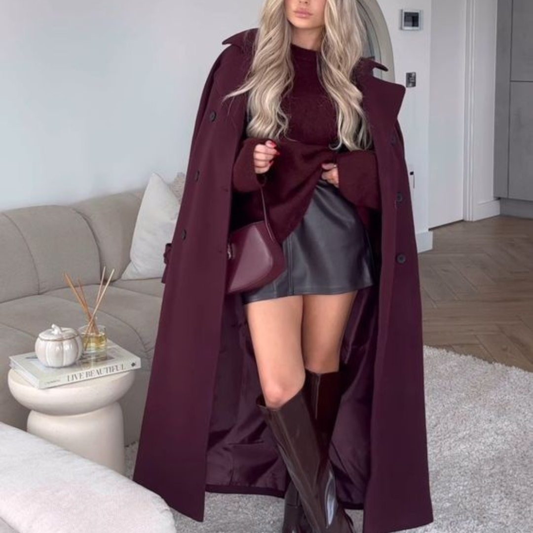 Damen Trenchcoat Bordeaux – Eleganter Langer Mantel mit Gürtel