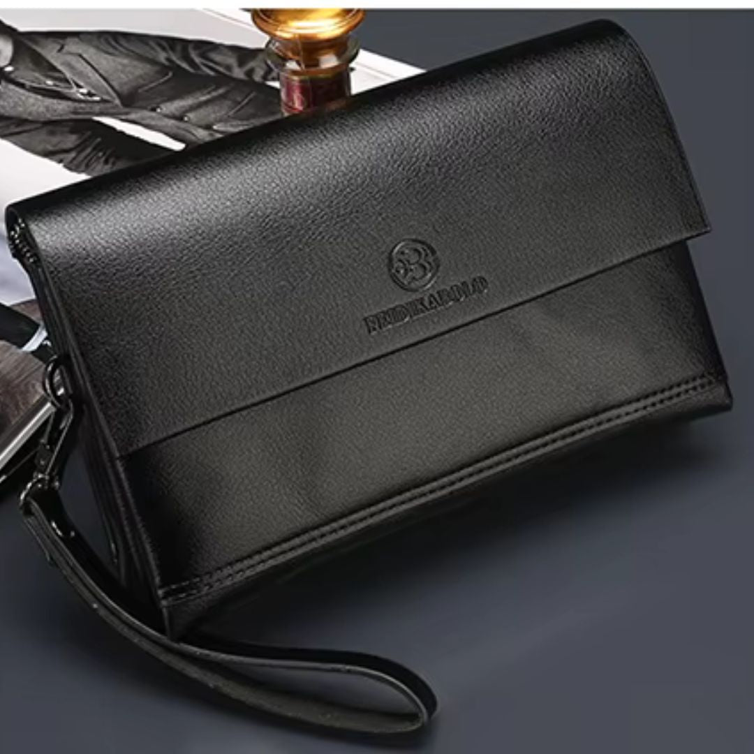 Leder Herren Portemonnaie mit Handgelenkriemen – Multifunktionale Clutch mit Reißverschlussfächern