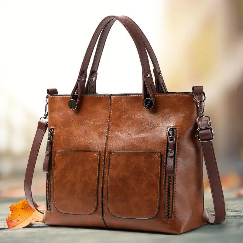 Große Shopper Handtasche Damen – Vegane Ledertasche mit Vordertaschen & Schulterriemen