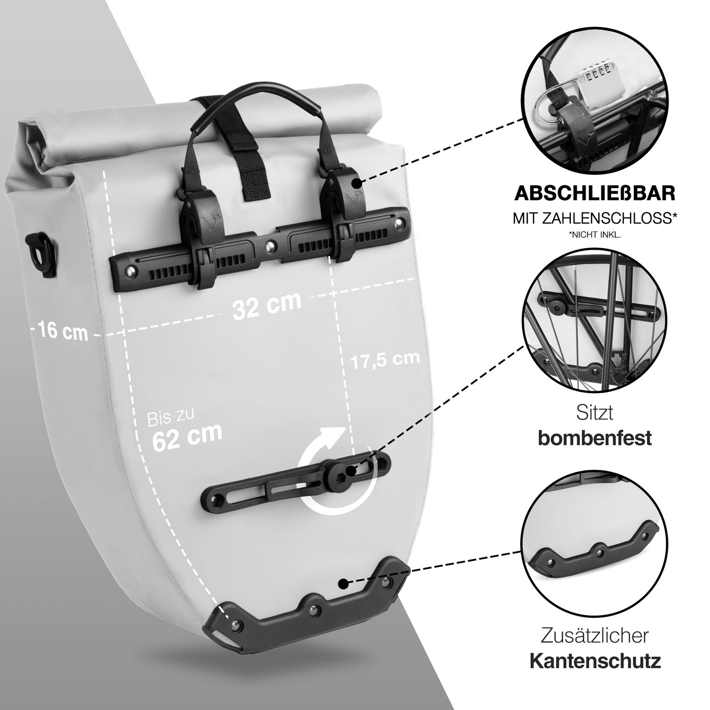 Wasserdichte Fahrradtasche 25L für Gepäckträger – Rolltop, Reflektoren, Pendler & Freizeit