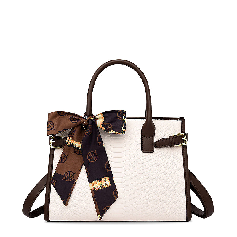 Chice Beige Handtasche mit Schal-Detail – Edle Schlangenstruktur aus veganem Leder