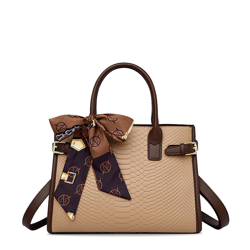 Chice Beige Handtasche mit Schal-Detail – Edle Schlangenstruktur aus veganem Leder