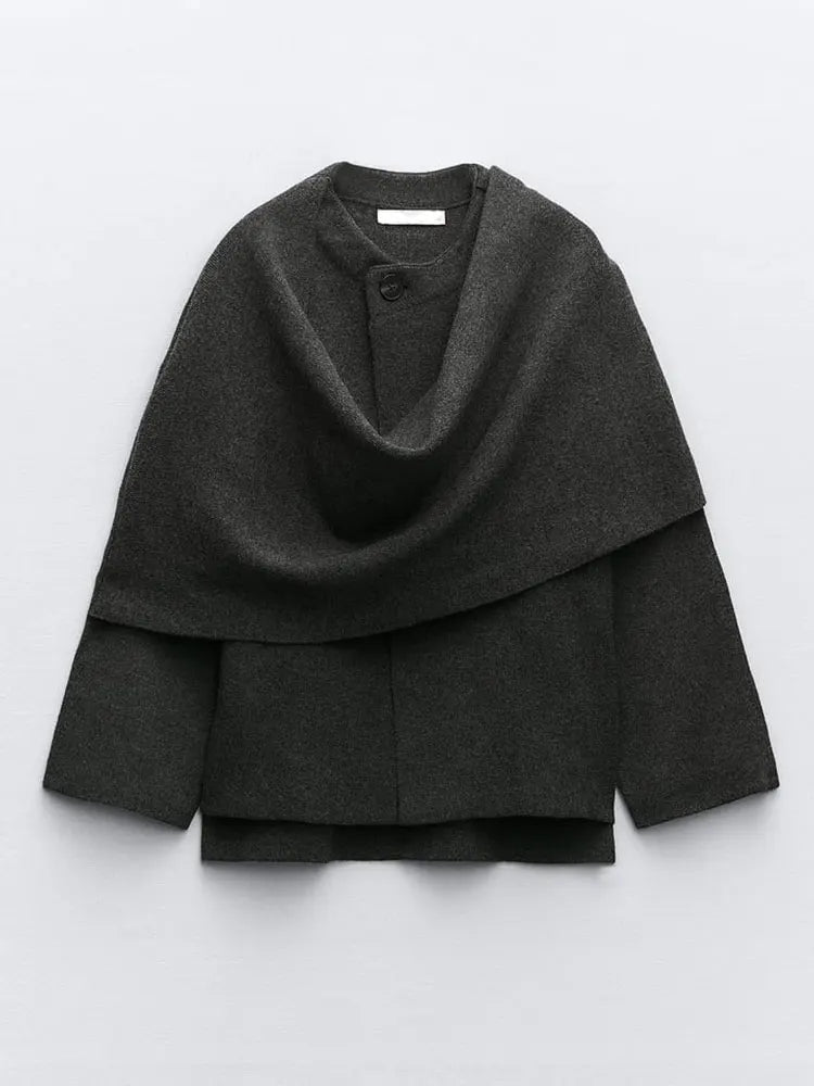 Damen Poncho mit Eleganter Drapierung – Warmer Umhang in Dunkelgrau