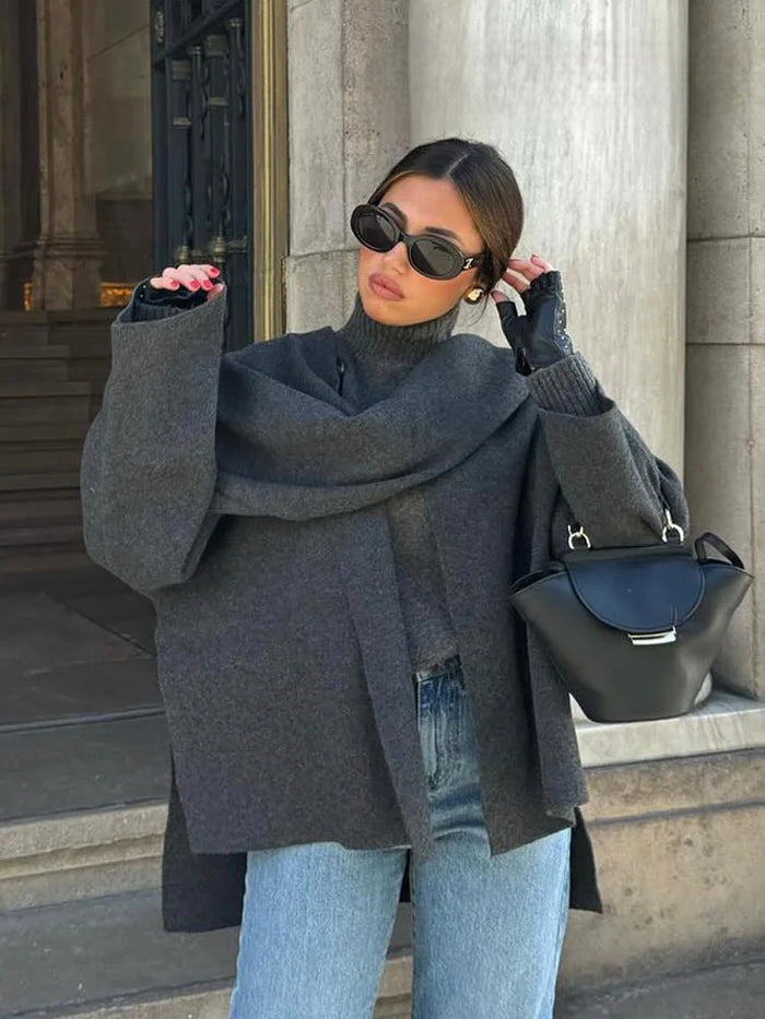 Damen Poncho mit Eleganter Drapierung – Warmer Umhang in Dunkelgrau