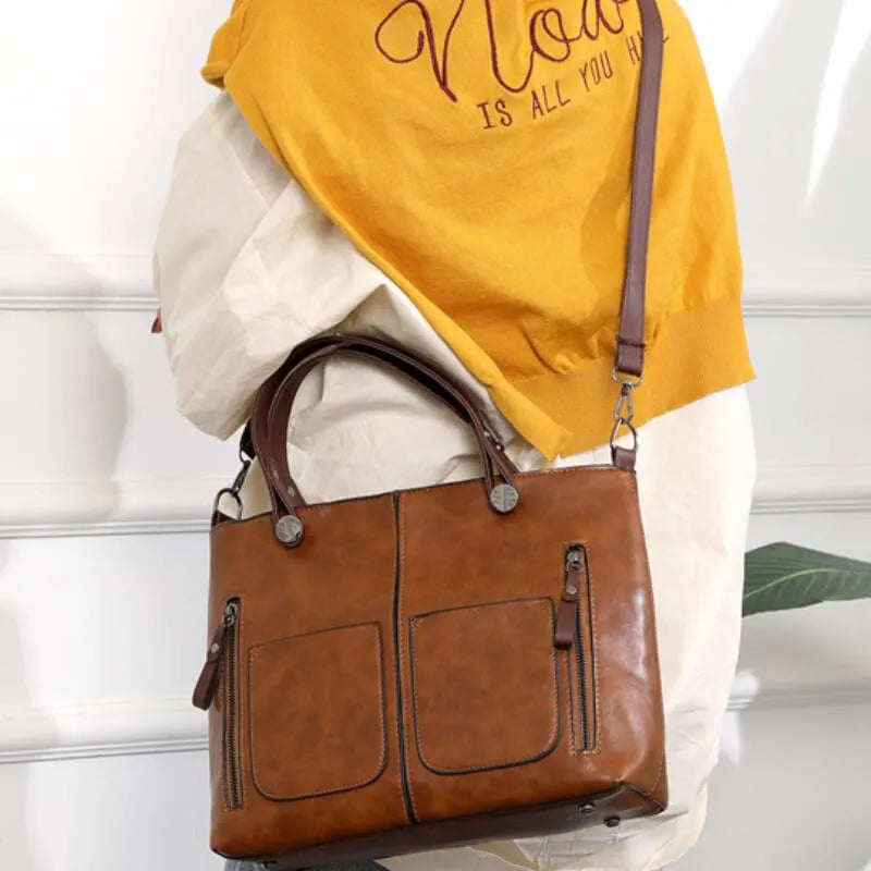 Große Shopper Handtasche Damen – Vegane Ledertasche mit Vordertaschen & Schulterriemen