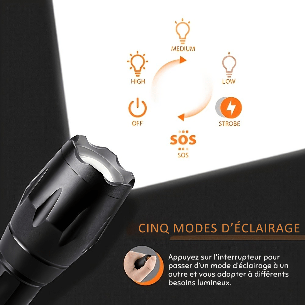 Taktische LED-Taschenlampe 1000 Lumen – Zoom, 5 Modi, wasserdicht, kompakt