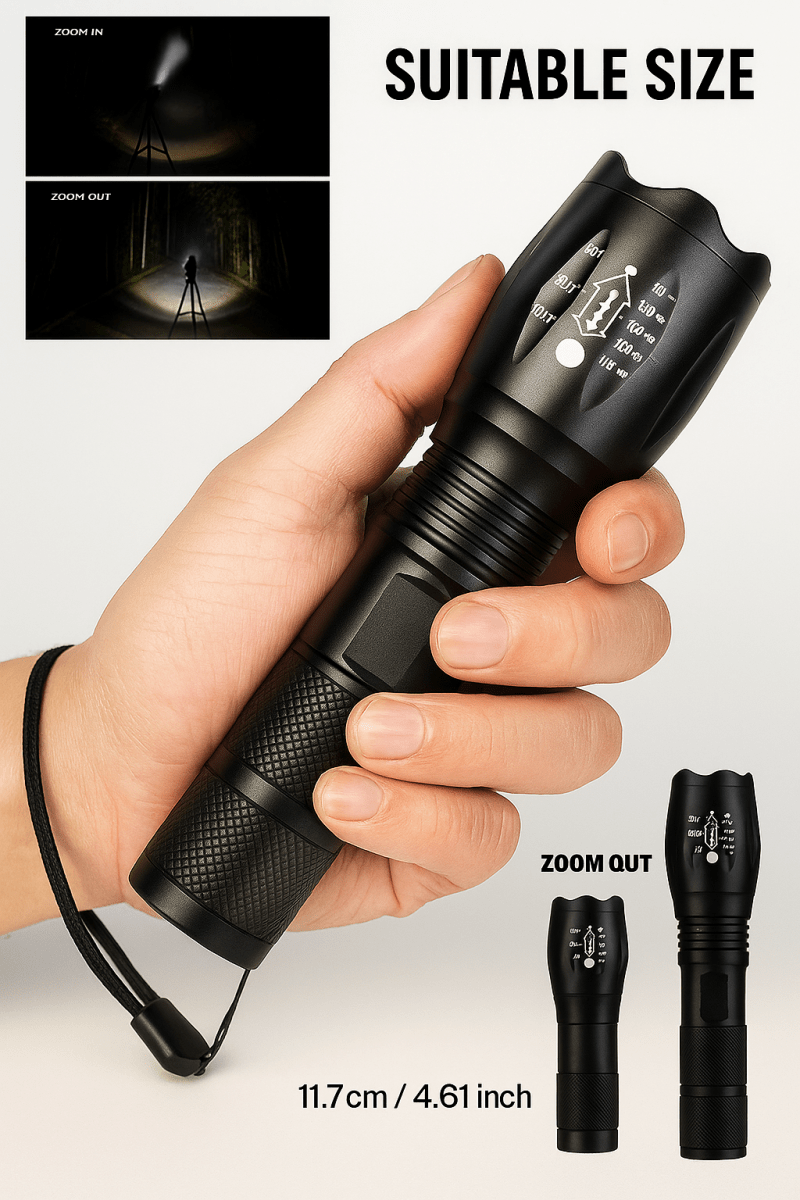 Taktische LED-Taschenlampe 1000 Lumen – Zoom, 5 Modi, wasserdicht, kompakt