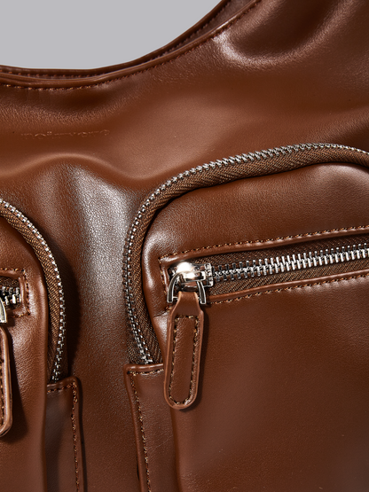 Moderne Schultertasche Damen mit Fronttaschen – Veganes Leder in Schwarz & Rot
