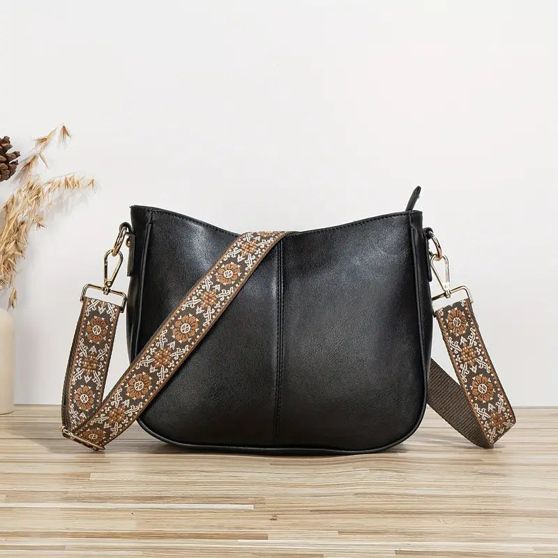 Vegane Schultertasche mit breitem, bedrucktem Riemen – stilvoll & praktisch