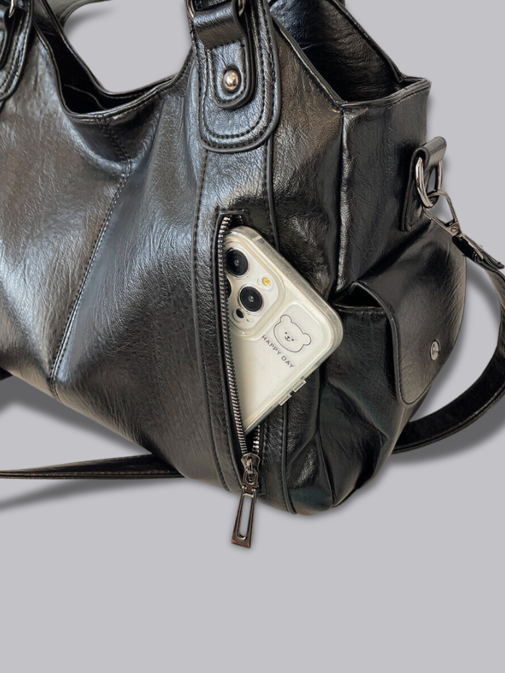 Schwarze Schultertasche Damen mit Seitentaschen – Geräumig & Elegant
