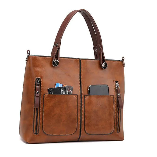 Große Shopper Handtasche Damen – Vegane Ledertasche mit Vordertaschen & Schulterriemen