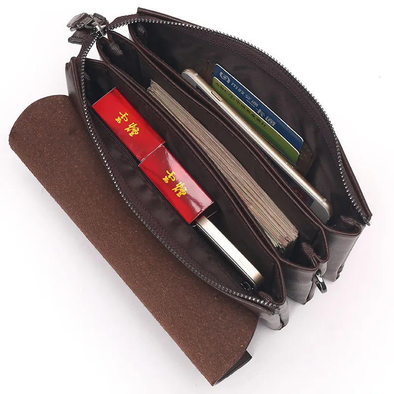 Leder Herren Portemonnaie mit Handgelenkriemen – Multifunktionale Clutch mit Reißverschlussfächern