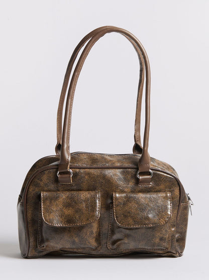 Luxe Vintage Schultertasche Damen mit Fronttaschen – Veganes Leder & Zeitloses Design