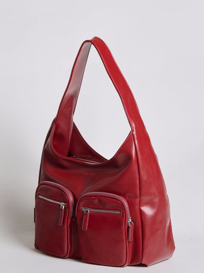 Moderne Schultertasche Damen mit Fronttaschen – Veganes Leder in Schwarz & Rot