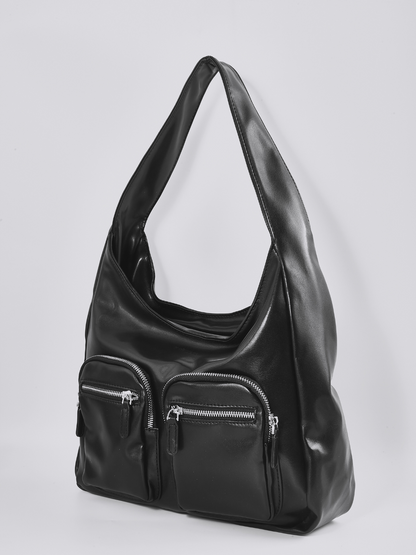 Moderne Schultertasche Damen mit Fronttaschen – Veganes Leder in Schwarz & Rot