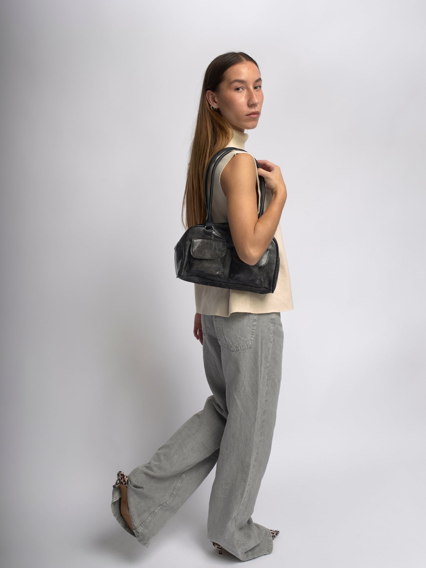 Luxe Vintage Schultertasche Damen mit Fronttaschen – Veganes Leder & Zeitloses Design