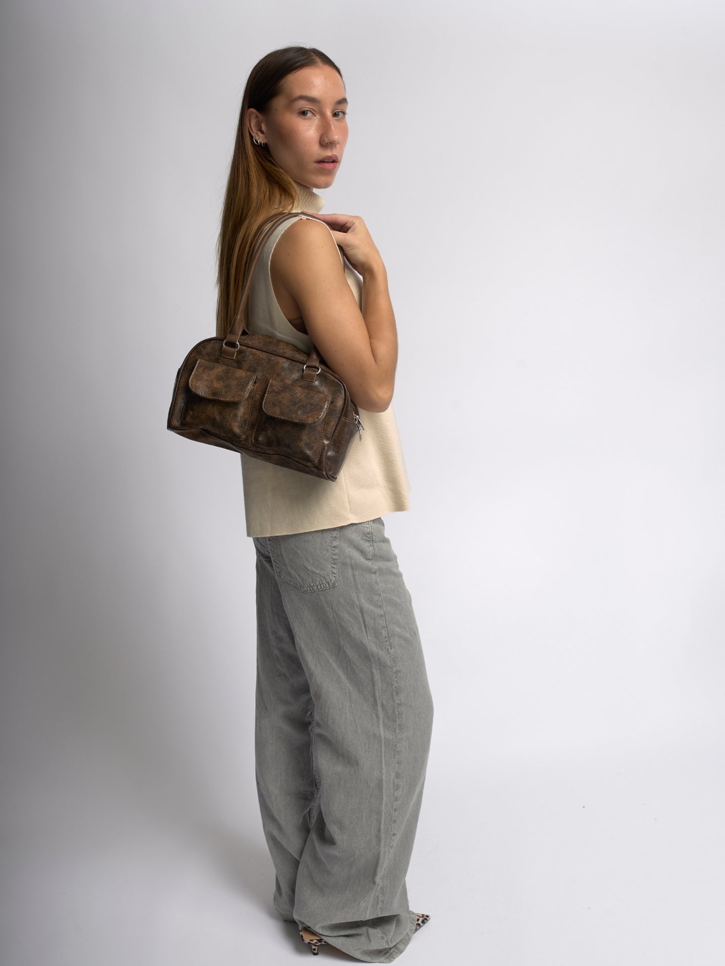 Luxe Vintage Schultertasche Damen mit Fronttaschen – Veganes Leder & Zeitloses Design