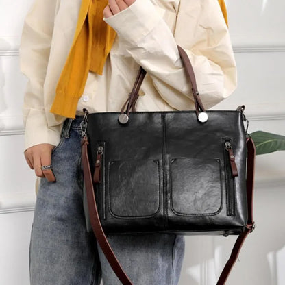Große Shopper Handtasche Damen – Vegane Ledertasche mit Vordertaschen & Schulterriemen