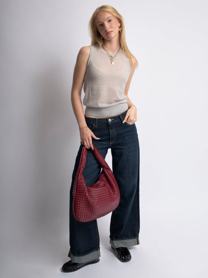 Luxuriöse Geflochtene Schultertasche für Damen – Schwarz und Rot – Geräumig & Stilvoll