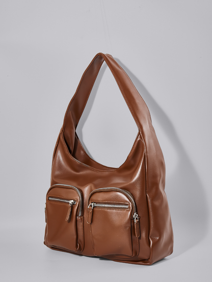 Moderne Schultertasche Damen mit Fronttaschen – Veganes Leder in Schwarz & Rot