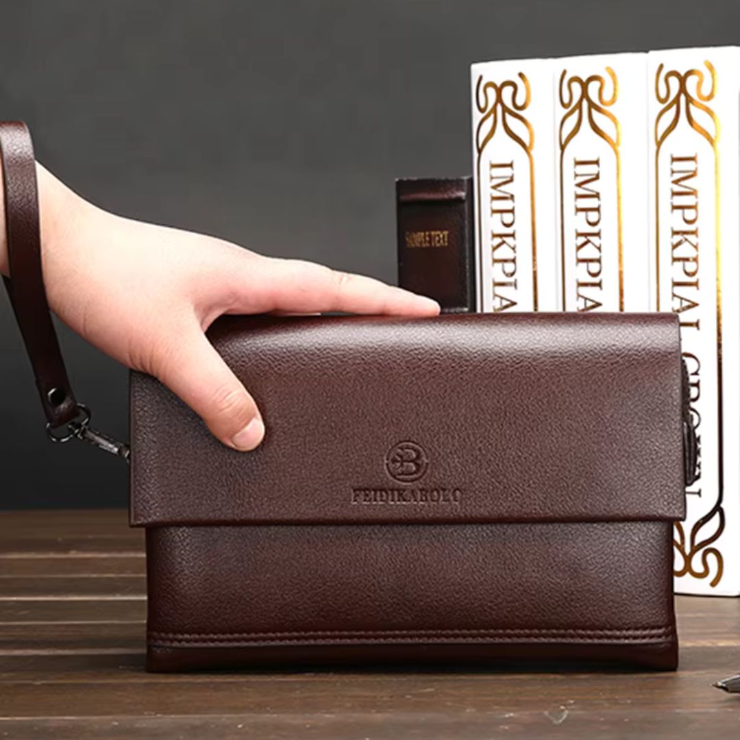 Leder Herren Portemonnaie mit Handgelenkriemen – Multifunktionale Clutch mit Reißverschlussfächern