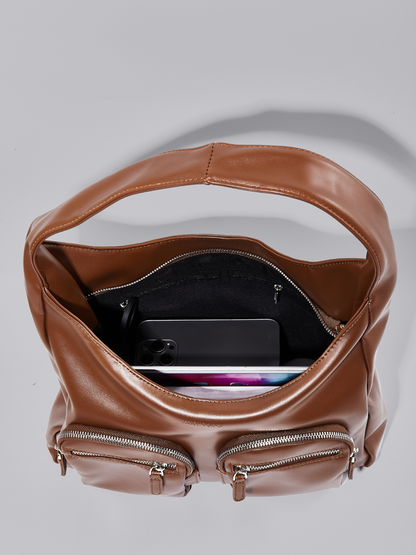 Moderne Schultertasche Damen mit Fronttaschen – Veganes Leder in Schwarz & Rot