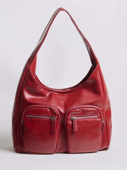 Moderne Schultertasche Damen mit Fronttaschen – Veganes Leder in Schwarz & Rot