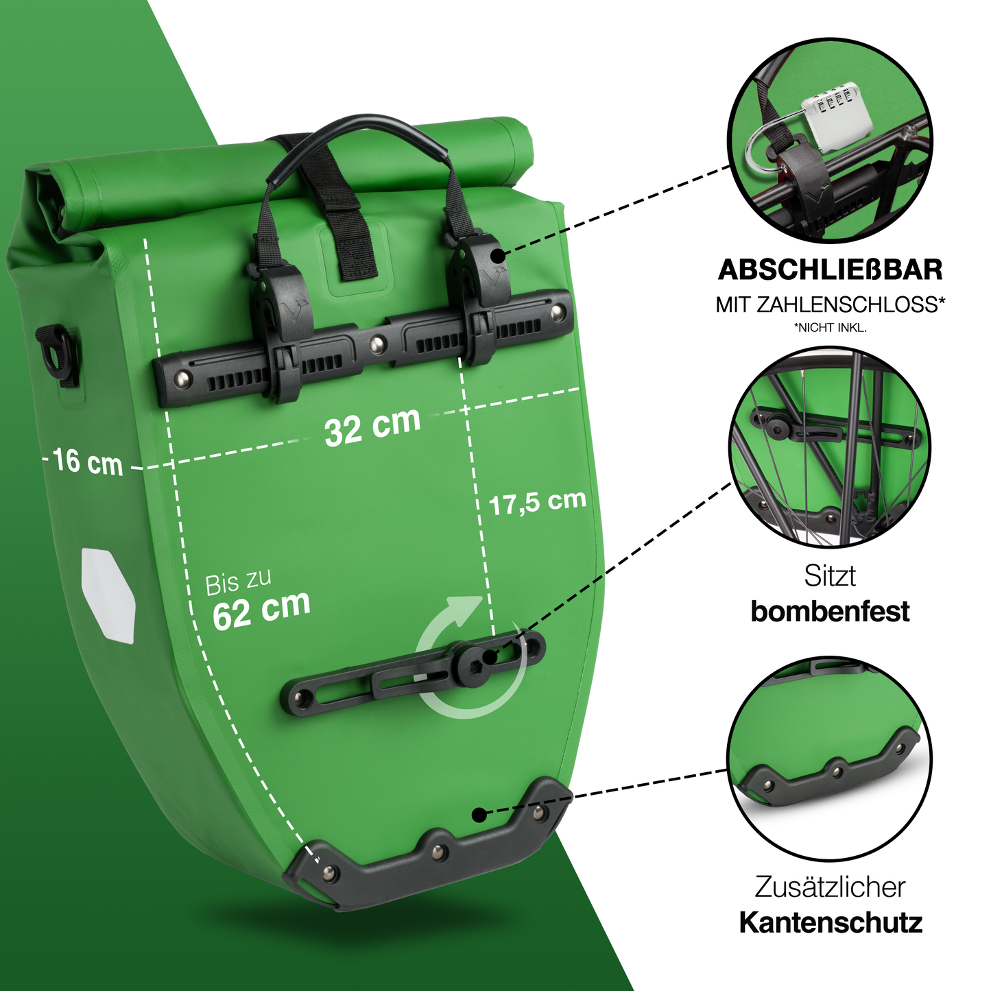Wasserdichte Fahrradtasche 25L für Gepäckträger – Rolltop, Reflektoren, Pendler & Freizeit