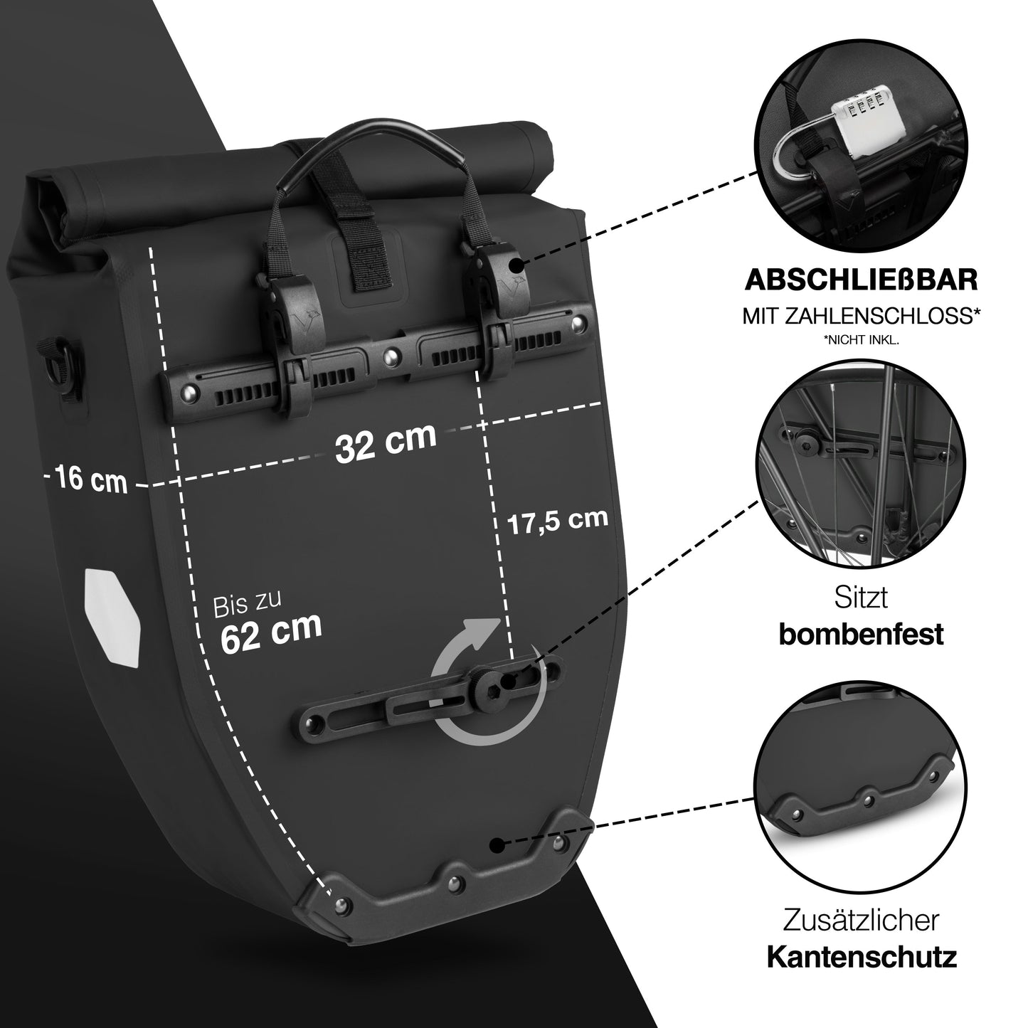 Wasserdichte Fahrradtasche 25L für Gepäckträger – Rolltop, Reflektoren, Pendler & Freizeit
