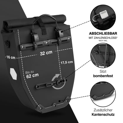 Wasserdichte Fahrradtasche 25L für Gepäckträger – Rolltop, Reflektoren, Pendler & Freizeit