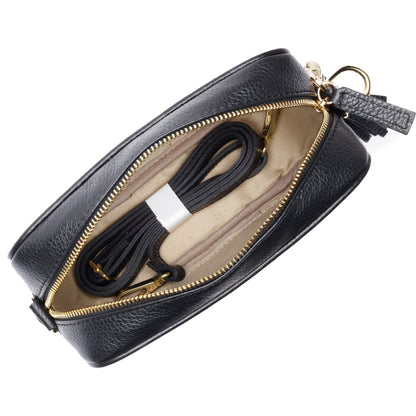 Damen Crossbody Tasche aus schwarzem PU-Leder mit breitem schwarz-weißem Schulterriemen – Trendige Umhängetasche für Alltag und Freizeit