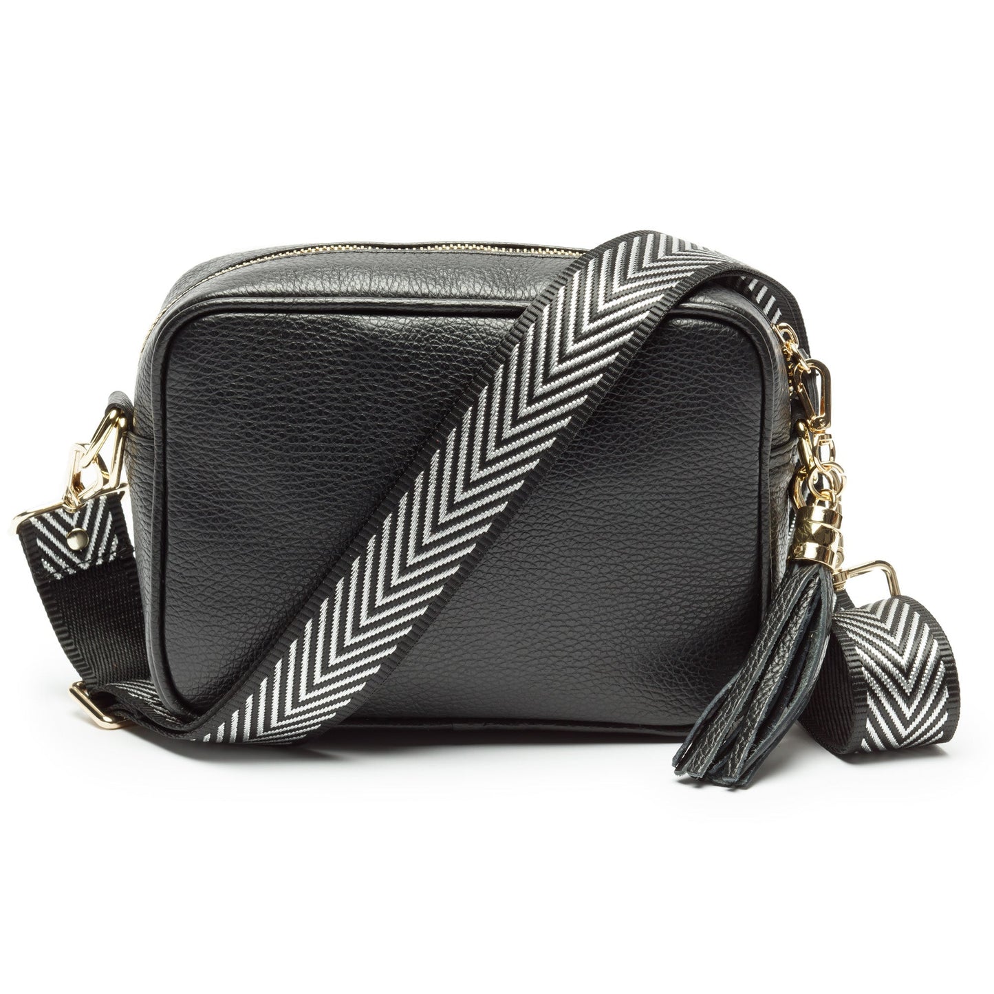 Damen Crossbody Tasche aus schwarzem PU-Leder mit breitem schwarz-weißem Schulterriemen – Trendige Umhängetasche für Alltag und Freizeit