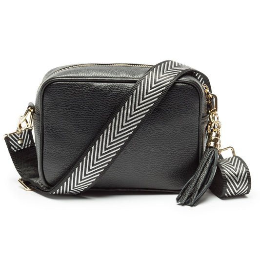Damen Crossbody Tasche aus schwarzem PU-Leder mit breitem schwarz-weißem Schulterriemen – Trendige Umhängetasche für Alltag und Freizeit