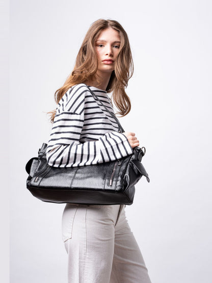 Schwarze Schultertasche Damen mit Seitentaschen – Geräumig & Elegant