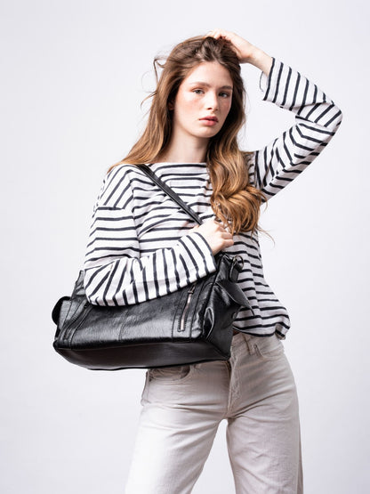 Schwarze Schultertasche Damen mit Seitentaschen – Geräumig & Elegant