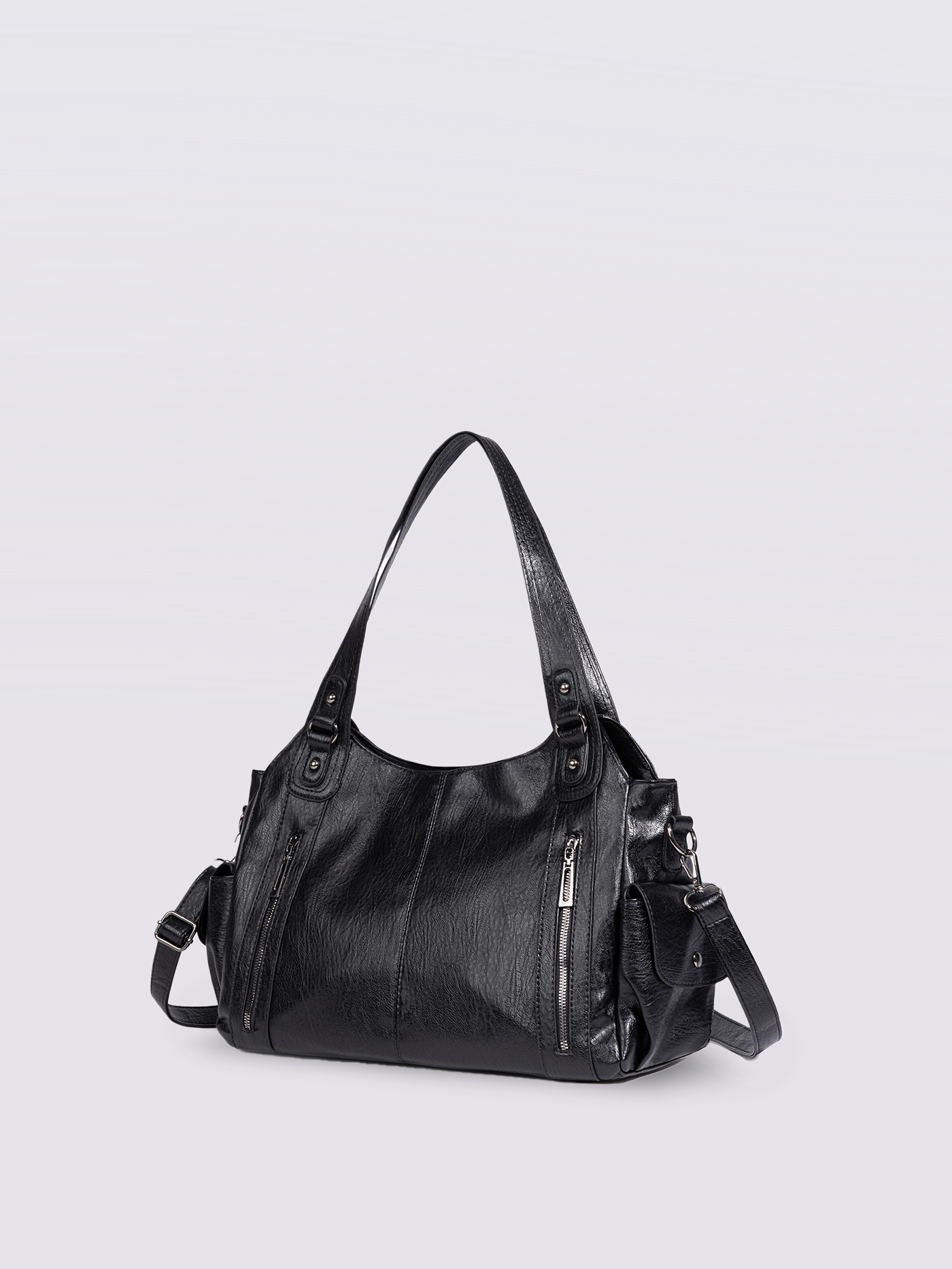 Schwarze Schultertasche Damen mit Seitentaschen – Geräumig & Elegant