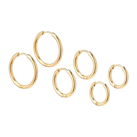 Set aus 3 goldfarbenen Edelstahl-Creolen – Hypoallergene, wasserfeste Ohrringe in verschiedenen Größen für Damen