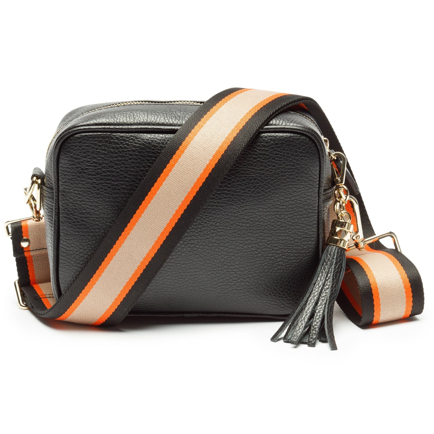 Schwarze Damen Schultertasche mit orange-beigem Streifenband – Trendige Crossbody Bag