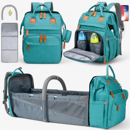 Multifunktionaler Wickelrucksack mit integriertem Reisebett – wasserabweisend, isolierte Flaschenhalterung, Wickelauflage & Kinderwagenbefestigung