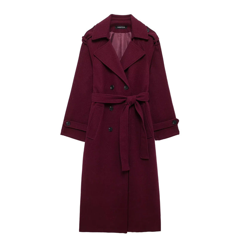 Damen Trenchcoat Bordeaux – Eleganter Langer Mantel mit Gürtel