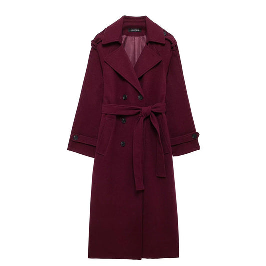 Damen Trenchcoat Bordeaux – Eleganter Langer Mantel mit Gürtel