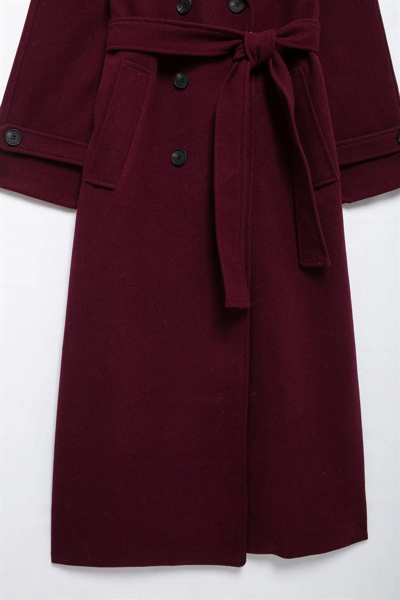 Damen Trenchcoat Bordeaux – Eleganter Langer Mantel mit Gürtel