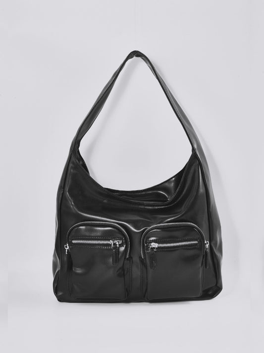 Moderne Schultertasche Damen mit Fronttaschen – Veganes Leder in Schwarz & Rot