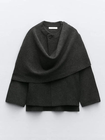 Damen Poncho mit Eleganter Drapierung – Warmer Umhang in Dunkelgrau