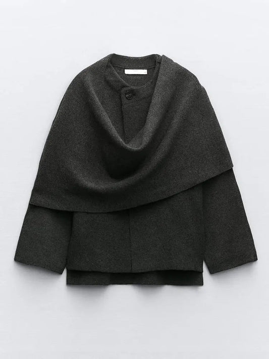 Damen Poncho mit Eleganter Drapierung – Warmer Umhang in Dunkelgrau