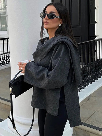 Damen Poncho mit Eleganter Drapierung – Warmer Umhang in Dunkelgrau