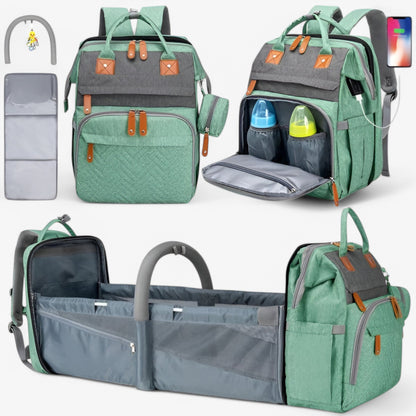 Multifunktionaler Wickelrucksack mit integriertem Reisebett – wasserabweisend, isolierte Flaschenhalterung, Wickelauflage & Kinderwagenbefestigung