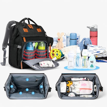 Multifunktionaler Wickelrucksack mit integriertem Reisebett – wasserabweisend, isolierte Flaschenhalterung, Wickelauflage & Kinderwagenbefestigung