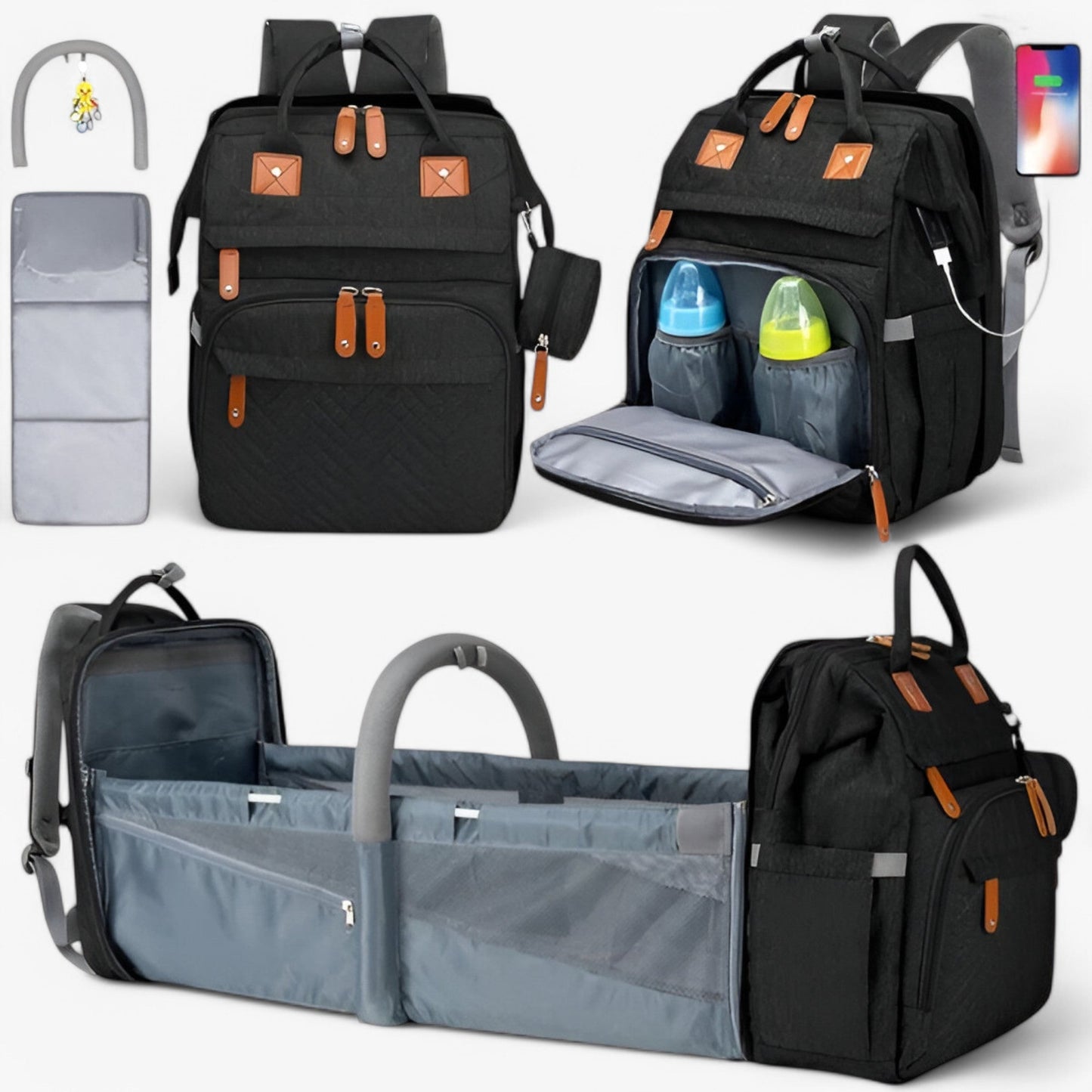Multifunktionaler Wickelrucksack mit integriertem Reisebett – wasserabweisend, isolierte Flaschenhalterung, Wickelauflage & Kinderwagenbefestigung